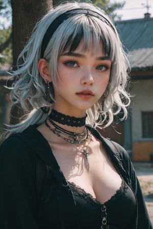 score_9, score_8_up, score_7_up,emo,scenery,masterpiece, best quality, aesthetic ,1girl, beautiful person, white hair,  upper body, choker,  black hairband, earing piercing, casual fashion