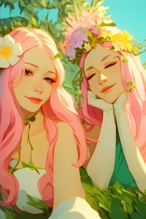 elf, green . pink hair , Flower Hair Crown , masterpiece, best quality, amazing quality, very aesthetic, absurdres ,(score_9 score_8_up score_7_up),