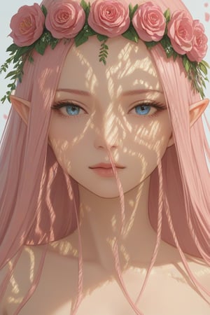 elf, green . pink hair , Flower Hair Crown , masterpiece, best quality, amazing quality, very aesthetic, absurdres ,(score_9 score_8_up score_7_up),