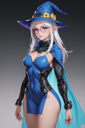 elf, 1girl, white hair, long hair, blue eyes, freckles, long pointy ears, glasses, ((blue witch hat with yellow ribbons, yellow flower crown on hat)), long blue dress, Victorian dress, long blue cape, blue boots, blue armored belt, long sleeves, ((oversized sleeves)), sorcerer outfit, perfect anatomy, female_solo, (insanely detailed, beautiful detailed face, masterpiece, best quality, detailed, detailed background, 8k, 4k, detailed shaders, glow effect, play of light, high contrast), score_9, score_8_up, score_7_up, highest quality, 8K, RAW photo, source_anime, perfect face, cowboy_shot,FuturEvoLab-Lora-mecha,sexaroid_of_mechagirl