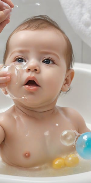 An infant taking a bubble bath, realistic hand, realistic skin, ultrarealistic
