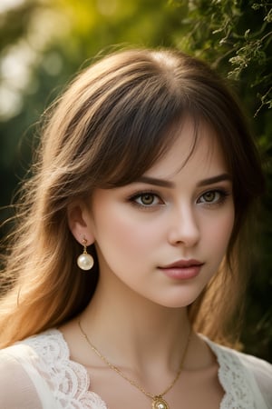 (best quality,4k,8k,highres,masterpiece:1.2),ultra-detailed,(realistic,photorealistic,photo-realistic:1.37),blond girl with wavy hair, bangs,captivating eye contact,dark theme,pensive expression,dramatically lit,subtle shadows,lush garden background,mysterious atmosphere,ethereal glow,soft focus,fine brush strokes,classic painting style,hint of melancholy,vivid colors,dreamlike,whimsical ambiance,candid pose,attention to hair details,delicate strands of hair,earrings, necklace, realistic skin, realistic eyes, glistening highlights,sophisticated facial features,subtle makeup,gentle smile,alluring charm,captivating gaze,slightly tilted head,hint of wind blowing through her hair,intense yet serene,optical illusion,harmonious composition,highlights and shadows playing with depth,contrast between light and dark,contrast between warm and cool tones,subtle floral motifs,romantic and enchanting