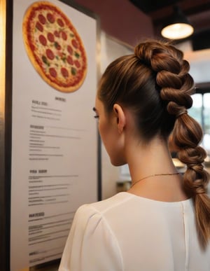 braided ponytail woman looking at the pizza menu at line up to order,  restaurant