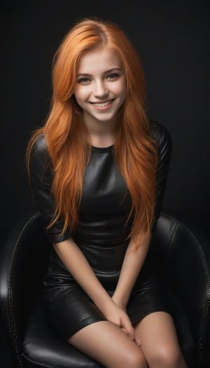 masterpiece, highly detailed full body image of a 24 yo girl with light gray eyes, Light orange long hair, punk hairstyle, smile, sweet and shy expression, little smile, cozy lighting, very dark background, wearing a black mini dress, sitting in a leather chair, unusual composition, use of negative space, spectral, close-up, detailed eyes, detailed mouth,LegendDarkFantasy