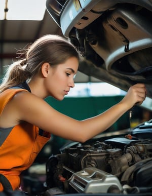 a girl mechanic, fixing a car,better photography