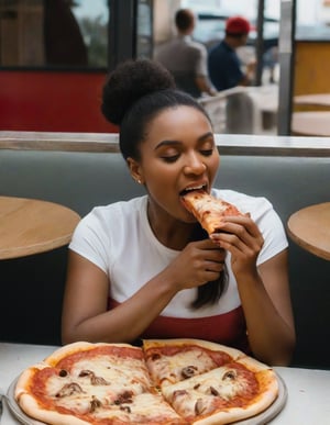 a woman sitting at a pizza parloir taking a bite of her pizza