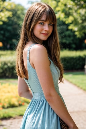 intricate background,  blue eyes, hair:1.5, bangs, long hair, hair highlight,  hair ornament, woman, 20yo, looking at viewer, innocent smile, full body shot,  pretty summer dress, random poses, sexy legs, (masterpiece:1.0), (best quality:1.0), ultra high res,4K, ultra-detailed, photography, 8K, HDR, highres, absurdres:1.2, Kodak portra 400, film grain, blurry background, bokeh:1.2, lens flare, (vibrant color:1.2), professional photograph