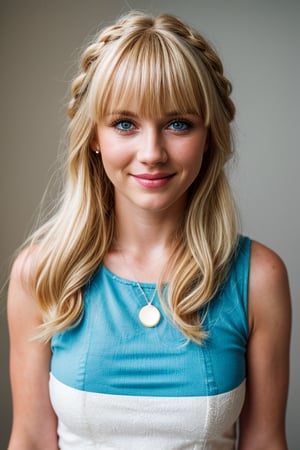 Simple white background,  blue eyes, (blond hair:1.5), bangs, long hair, braid, hair ornament, woman, 20yo, looking at viewer, smile, full body shot, (masterpiece:1.0), (best quality:1.0), ultra high res,4K, ultra-detailed, photography, 8K, HDR, highres, absurdres:1.2, Kodak portra 400, film grain, blurry background, bokeh:1.2, lens flare, (vibrant color:1.2), professional photograph