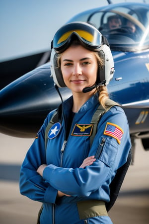 1 girl pilot standing closely next to a flighter jet, she is wearing a helmet with the visor open, highlight in her hair, in an airforce, ultrarealistic details,  ((full body shot:1.0)), better photography, taken by a photographer