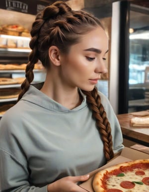 awoman with extremely long braided ponytail is looking at the pizza menu at line up to order,  taking to cashier,  restaurant