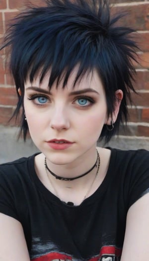 one Female Punk Rocker named Jill, pale skin color, Bold haircut, Black hair, piercing blue eyes, with Black faded Faded Red T-shirt, wearing Ripped Black Jeans