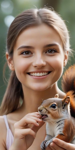 A cute 25yo girl with a short pony tail feeding nuts to a squirrel from the palm of her hand, smiling as she looks at the viewer, realistic hand, realistic skin, ultrarealistic
