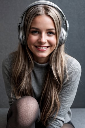 warm light room Beautiful woman with silver long hair against a grey background.over-the-ear headphones Smile,black tights top,Girl, smile, very happy