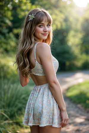 intricate background,  blue eyes, hair:1.5, bangs, long hair, hair highlight,  hair ornament, woman, 20yo, looking at viewer, innocent smile, full body shot,  pretty summer dress, random poses, legs, (masterpiece:1.0), (best quality:1.0), ultra high res,4K, ultra-detailed, photography, 8K, HDR, highres, absurdres:1.2, Kodak portra 400, film grain, blurry background, bokeh:1.2, lens flare, (vibrant color:1.2), professional photograph