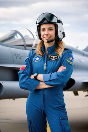 1 girl pilot standing closely next to a flighter jet, she is wearing a helmet with the visor open, highlight in her hair, in an airforce, ultrarealistic details,  ((full body shot:1.0)), better photography, taken by a photographer