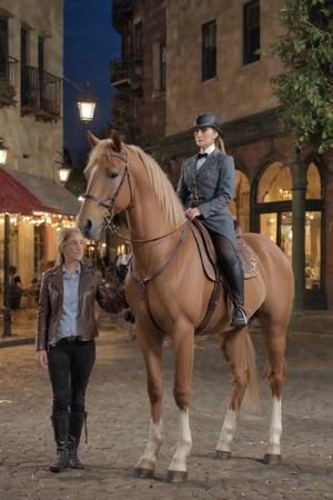 Masterpiece. 8k. Soft illumination. Bustling American West Coast street scene with pedestrians. One striking Akhal Teke is glancing towards the viewer. The pony has an English riding saddle and bridle. 