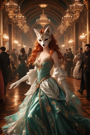 8K. detailed. It is a grand and ornate ballroom with gleaming wooden floors  with a richly decorated high arched ceiling with chandeliers that cast a soft warm light below.  People in 18th Century Parisan court attire dance, they wear masks for a costume ball. Walking towards the viewer with white gloved hand outstreched is a beautiful lady dressed in the same fashion but her dress is a teal color with white trim. Titian red hair styled elegantly frames a face hidden behind a porcelain fox mask that is encrusted with jewels. Only her deep brown eyes can be seen through the mask.