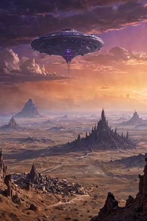 A sweeping vista unfolds: vast, arid terrain stretches to the horizon, punctuated by ruins of an ancient alien metropolis beneath a deep purple sky. The once-thriving city now lies in decay, crumbling spires and structures testament to a long-forgotten civilization. Against this desolate backdrop, a lone, gleaming flying saucer descends, its metallic sheen reflecting the eerie twilight hues as it lands with precision on the dusty plain.