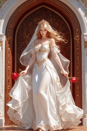 A beautiful and charming queen with flowing hair in a full length white wedding gown with gold thread trim. A soft breeze makes her hair and veil flutter. The Queen has dark blonde hair, pale blue eyes, and is holding a red rose in one hand. The background is an arched wooden doorway with intricate details set into a white plastered wall. The aesthetics of the image are red and white.