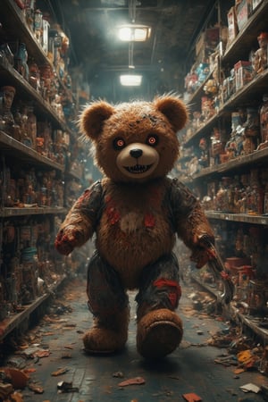 8K. detailed. Background is the deserted poorly lit aisle of an abandoned toy store. Dust covered toys litter the shelves. Torn packaging and other debris are on the dirty and cracked linoleum floor. Walking down the center of the aisle is a teddy bear with patches of fur missing, one eye is gone, one eye is a demonic red, an ear is half torn, and is holding a bloody knife in one paw.