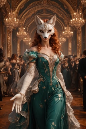 8K. detailed. It is a grand and ornate ballroom with gleaming wooden floors  with a richly decorated high arched ceiling with chandeliers that cast a soft warm light below.  People in 18th Century Parisan court attire dance, they wear masks for a costume ball. Walking gracefully towards the viewer with a white gloved hand outstreched is a beautiful svelte lady dressed in the same fashion but her dress is a teal color with white trim. Titian red hair styled elegantly frames a face hidden behind a porcelain fox mask that is encrusted with jewels. Only her deep brown eyes can be seen through the mask.