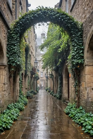 A majestic scene unfolds: within the frame, an ancient ivy-covered archway dominates the cobbled street's worn stones, raindrops glistening on its leaves like tiny diamonds. The late afternoon sun casts a diffuse glow, softly illuminating the Edwardian-era pedestrians, each clutching a sturdy umbrella as they hasten through the downpour.