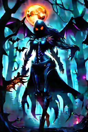 llustration. Goth fantasy. 8k. Detailed. Dark and gloomy forest with skeletal trees and bats taking wing. A crescent moon hangs distantly in the sky. Walking towrds the viewer is a wraith like female figure with glowing orange eyes who is carrying a naginata.