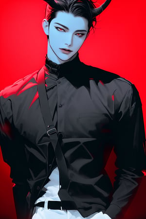 Long black hair, two horns on the head, red eyes, pale skin, good looks, ,DonM0m3g4,DEVJIN,1boys, full_body,devil,handsome,sexy,1boy,Black clouds, black clothes,red_background,full_body