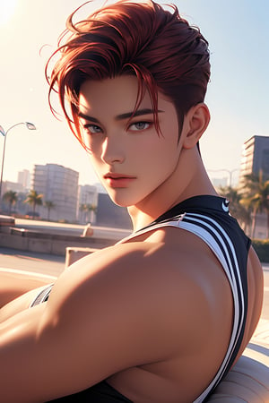 1boy ((very handsome_boy: 1)), handsome boy,brown_eyes, 
red hair ,
,  sun light, light particles, ((materpiece: 2)), looking at viewer, stunning ,nike_ sportswear
clean_background,bad_guy,pomade_hair
