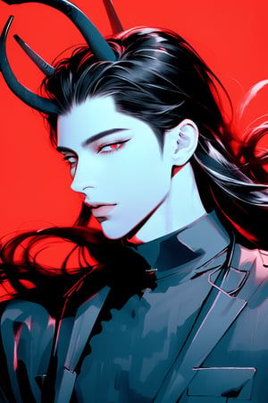 Long black hair, two horns on the head, red eyes, pale skin, good looks, ,DonM0m3g4,DEVJIN,1boys, full_body,devil,handsome,sexy,1boy,Black clouds, black clothes,red_background