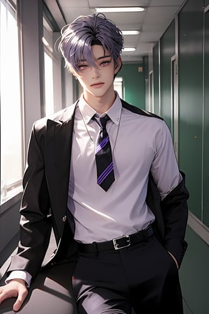 1boy , gray_eyes, light purple
 hair, long sleeves
_ xxl_white_shirt,small pupils
,  sun light, light particles, ((materpiece: 2)), looking at viewer, stunning ,school_uniform,boy,dark circle,black pants,loose necktie,
school hallway background,black_hemp clothes,It looks painful,feeble,thin
