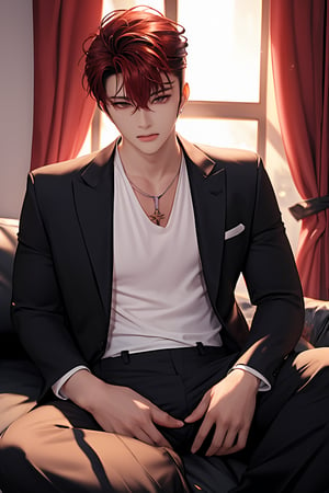 1boy ((very handsome_boy: 1)), handsome boy,brown_eyes, 
red hair ,
,  sun light, light particles, ((materpiece: 2)), looking at viewer, stunning ,Suit pants, black plain t-shirt, white shirt,,pomade_hair,full_body
