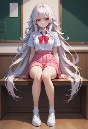 score_9,score_8_up,score_7_up,highly detailed,high budget,masterpiece,best quality,perfect anatomy,very aesthetic,8k,(shiny_skin,miserable white skin,pale skin:1.2),full_body,
1girl,skirt,long hair,shirt,looking at viewer,pink skirt,sitting,pleated skirt,white shirt,short sleeves,collared shirt,school uniform,arm support,pantyshot,shirt tucked in,fluffy hair,air bangs,very long hair,thin,thin_waist,long_legs,