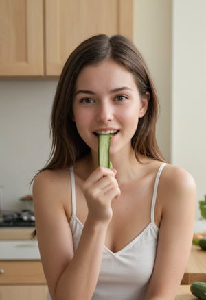 1girl, solo, looking at viewer,Stifling a giggle, she slinks into the kitchen, cucumber in hand. Furtive glances confirm she's alone. A crisp crunch punctuates the silence as she takes an illicit bite, savoring the refreshing veggie with mischievous delight - a secret indulgence in her home's culinary sanctuary.