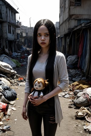 modeled after Junji Ito's drawing style. At the center of the image is a young girl with long hair, holding a Annabelle Doll with a grim expression. In the background is a chaotic slum, with buildings crisscrossing like neurons, giving it a surreal feel. The overall image is rich in detail, full of depressing and horrifying atmosphere, referencing the style of Gus from Sword Art Online and incorporating elements of auto-destruct art popularized on Pixiv!