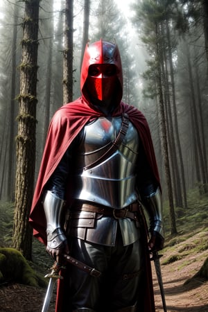An albinic male knight with long hair, wearing a red hood, clad in heavy armor, and wielding a long sword. (best quality, ultra-detailed, realistic:1.37), with vivid colors, and sharp focus. The knight stands in a misty forest, with sunlight filtering through the trees, creating a dramatic lighting effect. The knight's armor is intricately designed with engravings and polished to a high shine, emphasizing the level of detail. The forest is rich with various shades of green, with vibrant flowers scattered across the ground. The knight's red hood contrasts beautifully with the natural surroundings, adding a touch of mystery and intrigue.