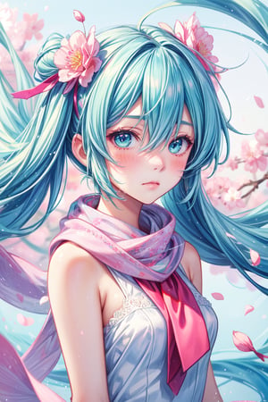 masterpiece, best quality, ultra-detailed, illustration, portrait, (miku), solo, face to viewer, looking at viewer,, hair between eyes, cyan long hair, cyan medium eyes, round face, blush, a little sad,, scarf, white dress, blue bowknot on chest, medium breasts,, sakura blossoms, wind flow, floating petals.