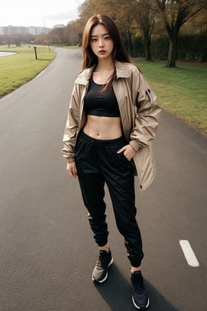 bird's-eye_view, 1girl, solo, looking at viewer, brown hair, long sleeves, navel, brown eyes, standing, jacket, full body, outdoors, shoes, midriff, pants, black footwear, from above, foreshortening