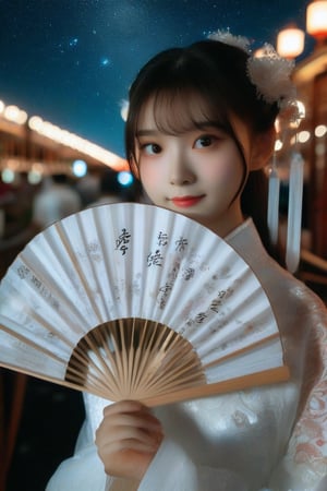 professional photography by Alessio Albi,Chinese girl, traditional cheongsam with peony pattern, delicate Chinese circular fan, silk fan surface, long bamboo fan handle body, very detailed details of the girl's face, holding a circular fan, long bamboo fan handle, Chinese calligraphy characters written on the fan surface, in a starry night environment with nearby lights suggesting the holiday season. Highly detailed, cinematic lighting, 8K resolution.