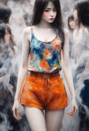 by Junji Ito, A portrait of a beautiful young Thai woman painted with the delicate technique of Chinese alcohol ink. She is wearing a cool summer floral undershirt, with long flowing hair, and a small skirt with a bright orange color that shows off her legs. This is a full-body close-up, emphasizing her beautiful figure and the white porcelain texture of her skin. She stands quietly in the crowd, surrounded by a mysterious smoke. The painting is dominated by vivid colors, realistic techniques, and cinematic lighting effects. The ink-play technique emphasizes the dynamism and tension of the painting, creating a lively yet mysterious and violent atmosphere., alcochse