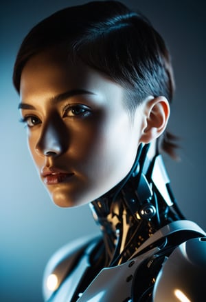 Portraits of humanoid robot with very beautiful human face on his body. Inspired by Marco Mazzoni. Head and shoulders portrait. Beautiful light,fine art photography,fashion portrait,ambiguous shapes,hyper-realistic,award winning photography,exquisite details,ultra-wide angle,depth of field,photo shoot,shadows,roughness,camera resolution,in the style of celebrity portraits with personality,lively facial expression,simple blurry background,