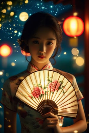 Wong Kar Wai movie style, Chinese girl, traditional cheongsam with peony pattern, delicate Chinese circular fan, silk fan surface, long bamboo fan handle body, very detailed details of the girl's face, holding a circular fan, long bamboo fan handle, Chinese calligraphy characters written on the fan surface, in a starry night environment with nearby lights suggesting the holiday season. Highly detailed, cinematic lighting, 8K resolution.