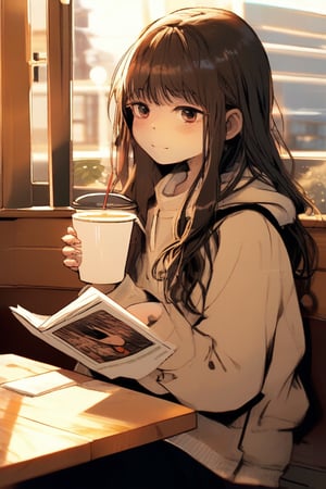 A young girl sitting in a cozy café, holding a copy of "Nikkei Shimbun" while sipping a cup of coffee. The girl is wearing a stylish outfit and looks engaged in the articles, with sunlight streaming in through the window behind her creating a warm and inviting atmosphere., highres,best quality,