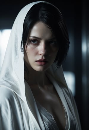 A super precise 3D render in the style of Resident Evil, focusing on the upper body and expression of a black-haired woman in a white robe. The background is subtle and dark with soft textures, emphasizing the eerie atmosphere. The lighting is dark and shadowy, with high contrast highlighting her face and upper body. The focus is on her unsettling facial expression, creating a sense of horror. Realistic textures and details are present throughout the scene.,
BREAK,
dramatic lighting,highly detailed,high budget,bokeh,cinemascope,moody,epic,gorgeous,film grain,grainy,masterpiece,best quality,perfect anatomy,very aesthetic,official art,8k,