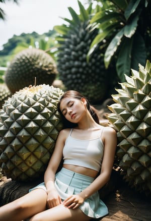 a young Taiwanese girl sleeping quietly on a giant durian fruit in a tranquil and peaceful environment. The girl is dressed in a summer outfit with a high ponytail and a short skirt. The surroundings are ethereal and dreamy, with soft lighting enhancing the magical atmosphere. The image is realistic, highly detailed,(clear sky:1.2),.bright natural lighting,(Film camera:1),.VSCO,16K,HDR,highres,(grainy textures),IS0 200,
BREAK,
dramatic lighting,highly detailed,high budget,bokeh,cinemascope,moody,epic,gorgeous,film grain,grainy,masterpiece,best quality,perfect anatomy,very aesthetic,official art,8k,