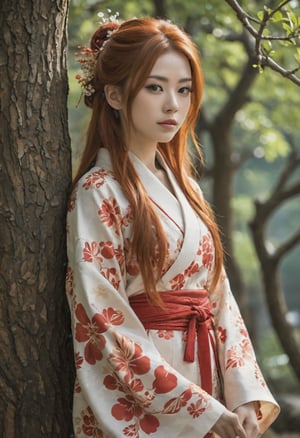 The character has long red hair and is dressed in traditional Japanese attire, including a kimono with red and white patterns and arm guards. In the background, there’s a tree with detailed bark texture, seemingly wrapped with red ropes or threads. The image might be captivating due to the intricate costume design and the fusion of traditional elements with fantasy themes.