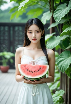 there is a woman holding a piece of watermelon in her hand, guangjian huang, pengzhen zhang, xiaofan zhang, lu ji, watermelon, chinese girl, lei min, watermeloncore, wenfei ye, leslie zhang, wearing a melon, watermelons, jia ruan, qiu fang, mei-ling zhou, gorgeous chinese model,
