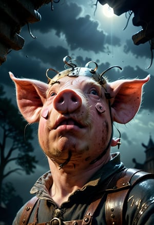 close-up, (from below:1.3),best quality,master piece,4k,8k,Novel Illustrations,In a strange and dark atmosphere,A pig-headed man with a strange light in his eyes, outdoors,,