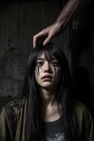 a girl with long, flowing hair grasping a severed man's head. The illustration should be reminiscent of Junji Ito's style and feature a haunting, surreal atmosphere. Set in a dark, gritty slum environment, the scene should evoke a sense of unease and dread. Incorporate elements of auto-destructive art and hyper-detailed illustrations, with a focus on textures and shading. Draw inspiration from the dark fantasy world of Berserk, particularly the character of Guts, to create a truly unsettling and eerie image.
