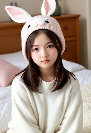 Korean girl,16 years old,knit hat,sweater,bedroom background,rabbit headgear,masterpiece,best quality,